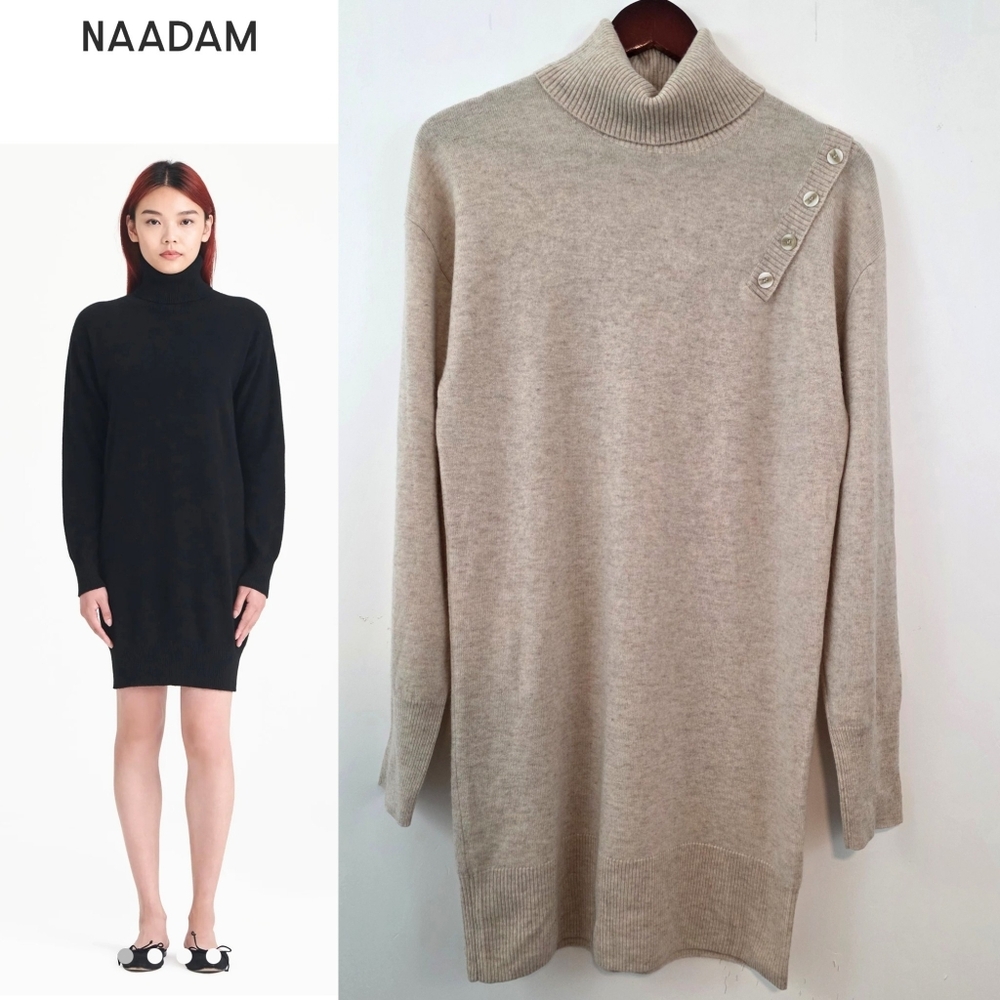 NAADAM Signature Cashmere Turtleneck Sweater Dress Beige Button Sleeve Med Wool